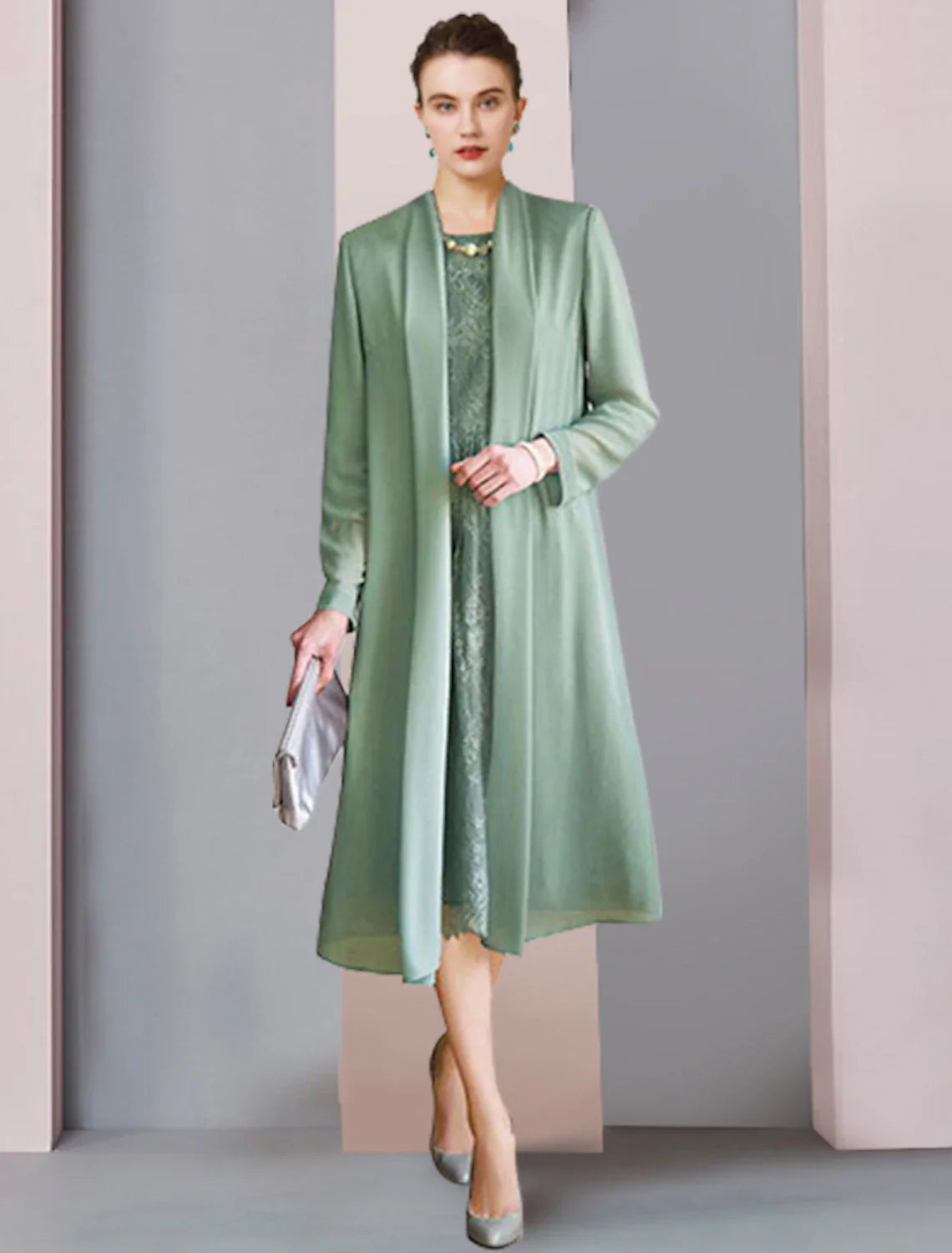 Wholesale Two Piece Sheath / Column Mother of the Bride Dress Formal Wedding Guest Party Elegant Scoop Neck Tea Length Chiffon Lace 3/4 Length Sleeve Jacket Dresses with Solid Color
