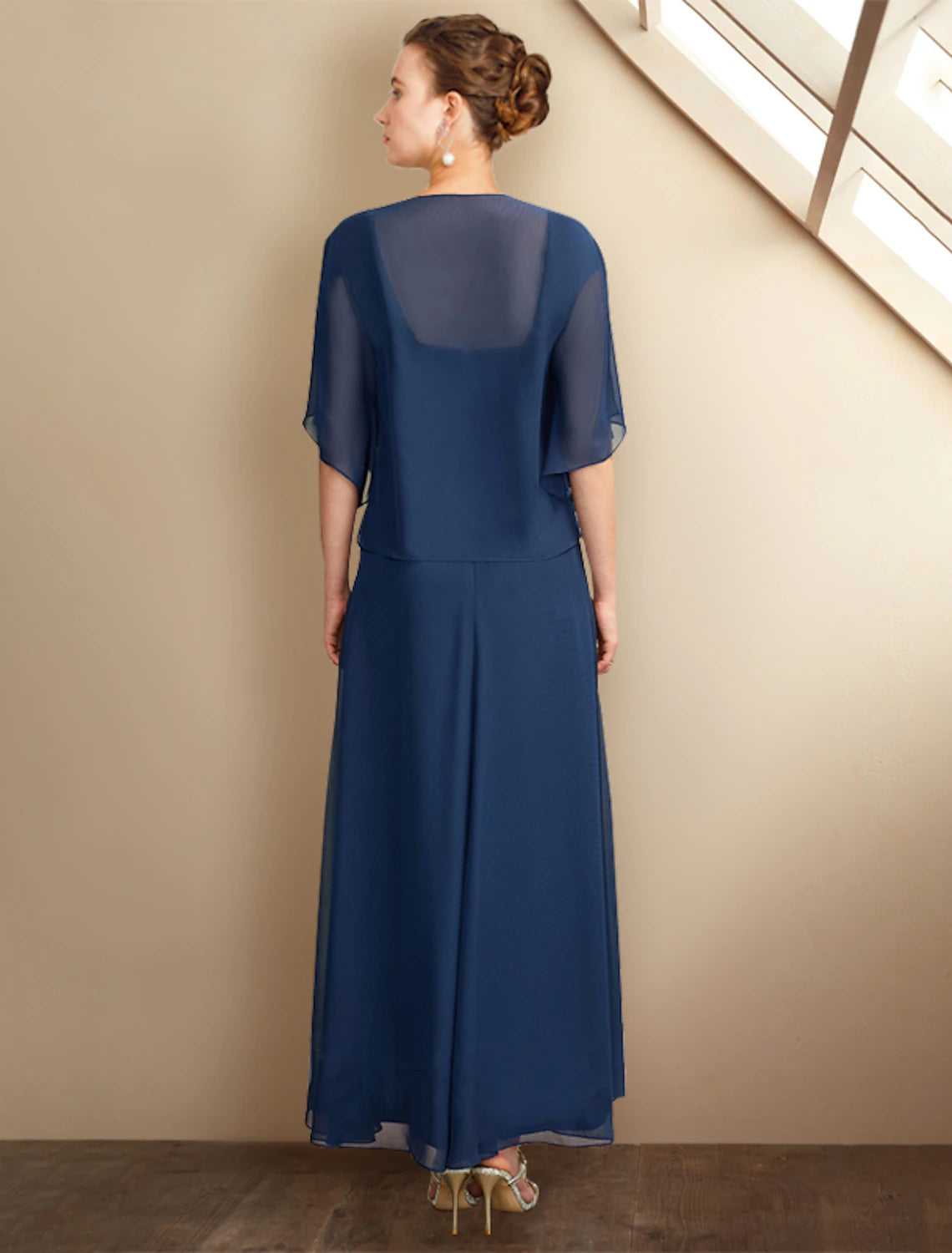 Wholesale  Two Piece A-Line Mother of the Bride Dress Church Plus Size Elegant High Low Square Neck Asymmetrical Tea Length Chiffon Lace Short Sleeve Wrap Included with Appliques