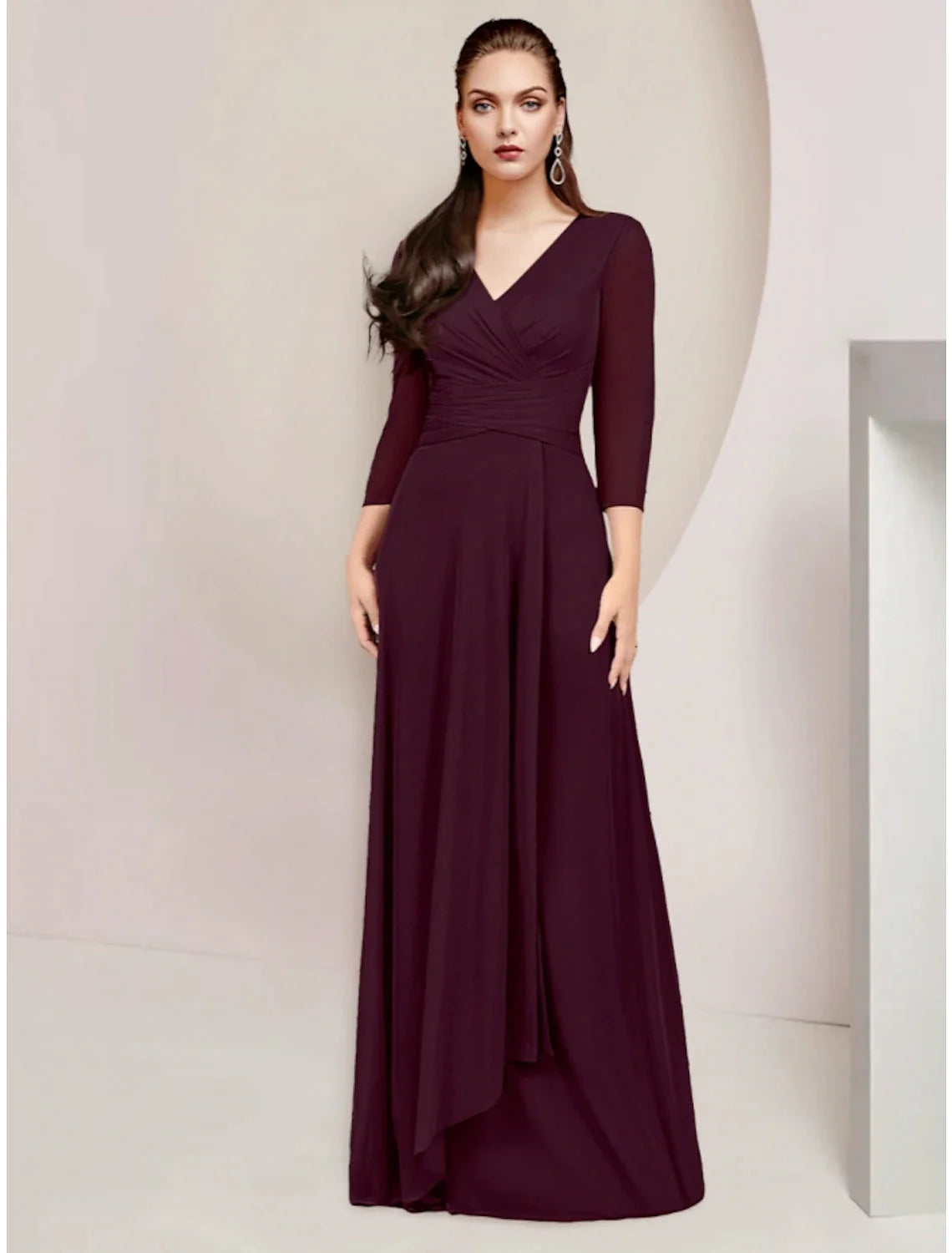 Wholesale A-Line Mother of the Bride Dress Wedding Guest Elegant V Neck Floor Length Chiffon 3/4 Length Sleeve with Ruching Solid Color
