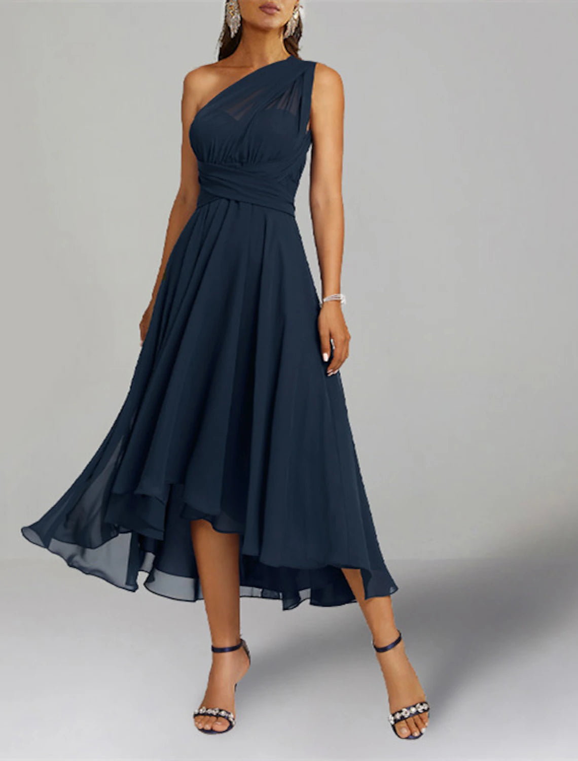Wholesale A-Line Wedding Guest Dresses Elegant Dress Formal Wedding Party Tea Length Sleeveless One Shoulder Fall Wedding Guest Chiffon with Ruched