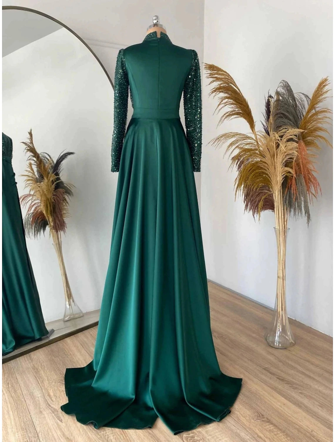 Wholesale Sheath Formal Dress Evening Gown Christmas Red Green Dress Formal Sweep / Brush Train Long Sleeve Jewel Neck Satin with Pleats Ruched Sequin