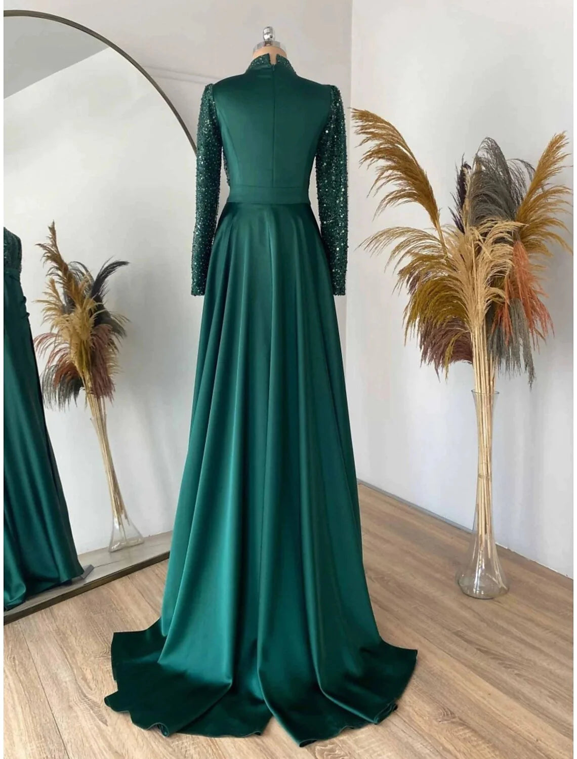 Wholesale Sheath / Column Evening Gown Sparkle & Shine Dress Formal Sweep / Brush Train Long Sleeve Jewel Neck Satin with Pleats Ruched Sequin