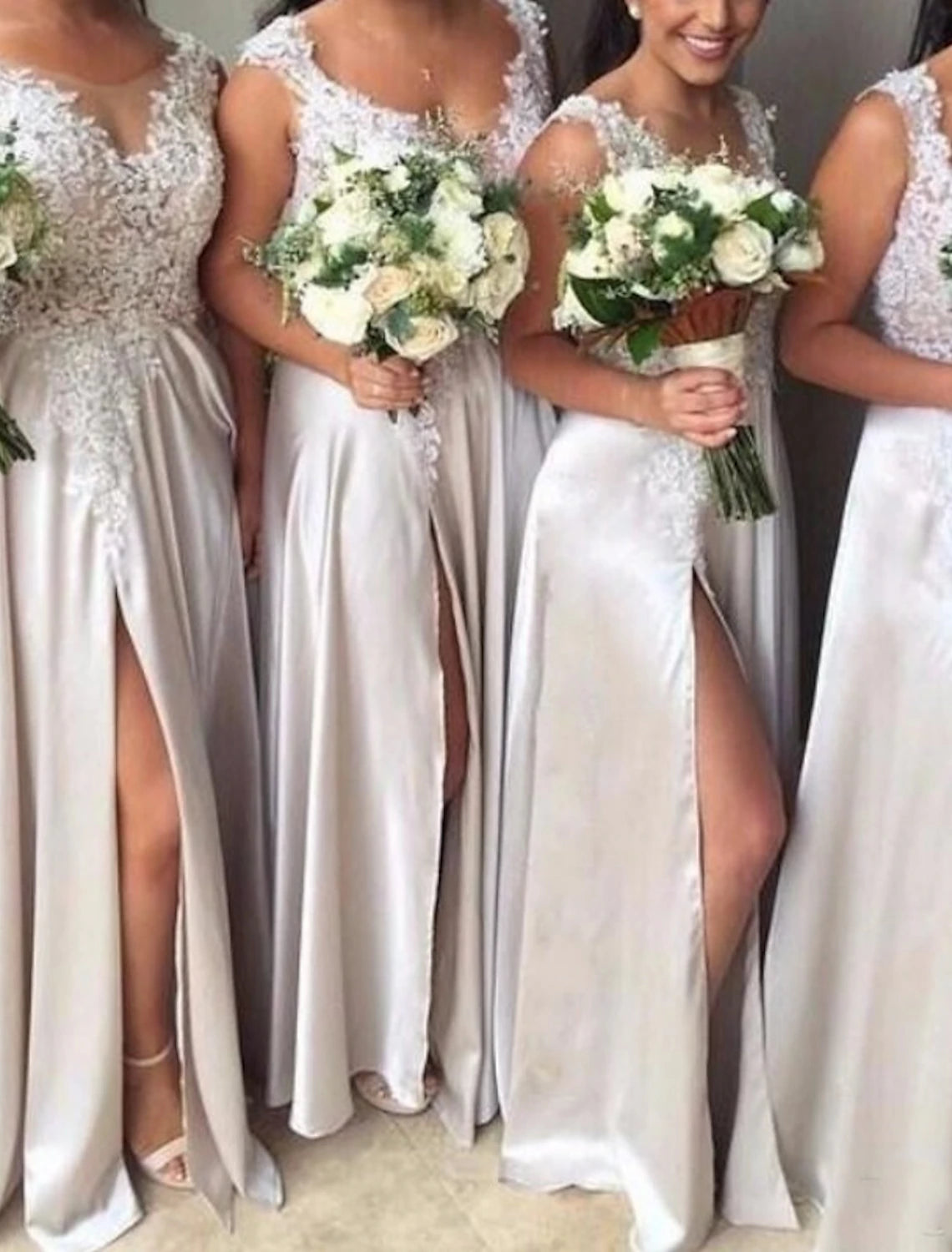 Wholesale A-Line Bridesmaid Dress V Neck Sleeveless Elegant Sweep / Brush Train Lace / Charmeuse with Split Front / Solid Color