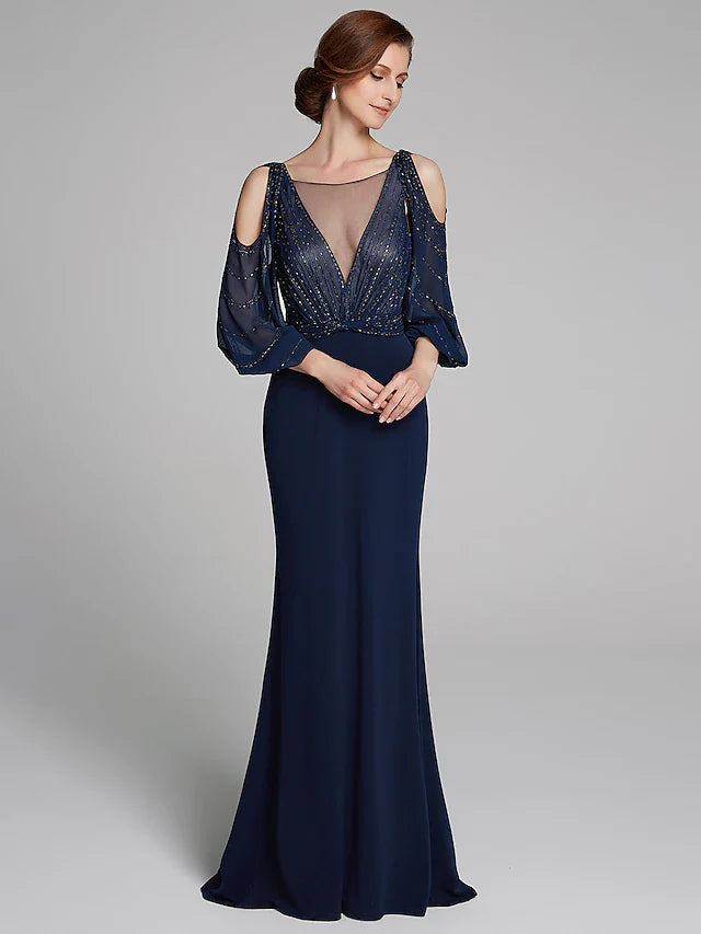 Wholesale Sheath / Column Mother of the Bride Dress Sparkle & Shine Boat Neck Floor Length Chiffon Jersey Long Sleeve No with Beading Ruching