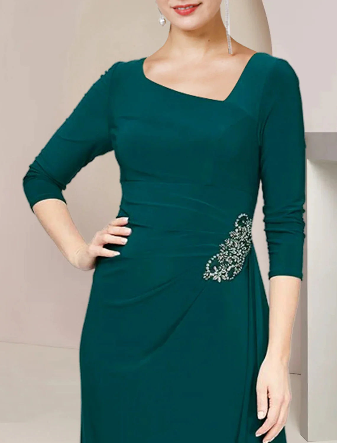 Wholesale Sheath / Column Mother of the Bride Dress Wedding Guest Elegant Scoop Neck Ankle Length Stretch Chiffon 3/4 Length Sleeve with Crystals Ruffles Split Front