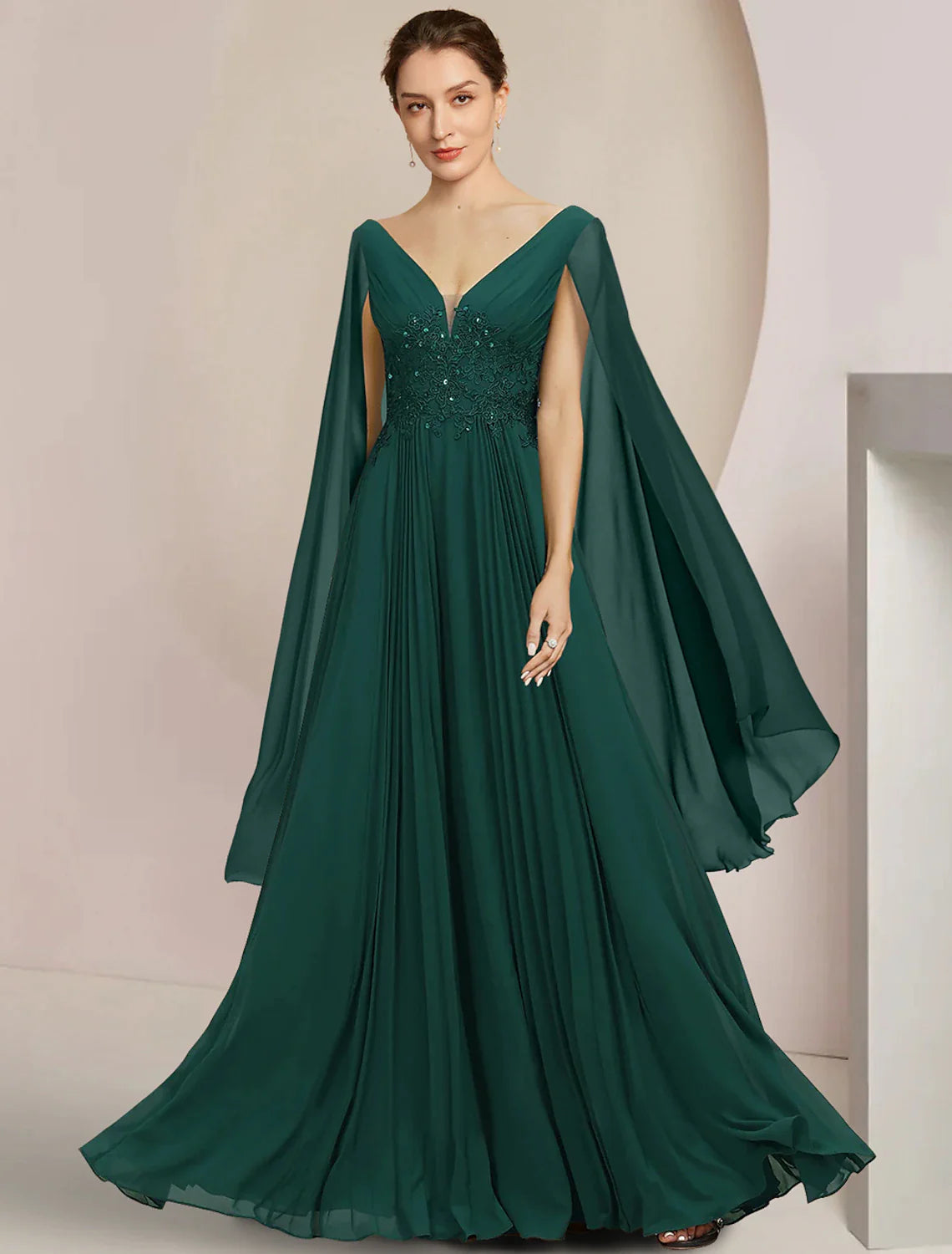 Wholesale A-Line Mother of the Bride Dress Formal Wedding Guest Elegant V Neck Floor Length Chiffon Lace Sleeveless with Pleats Sequin Appliques