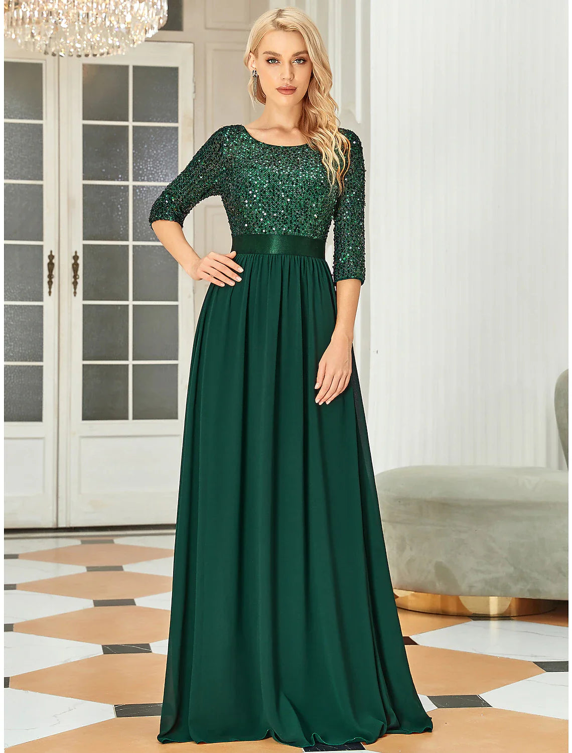 Wholesale A-Line Mother of the Bride Dress Wedding Guest Plus Size Elegant Jewel Neck Floor Length Tulle Sequined 3/4 Length Sleeve with Sequin Fall