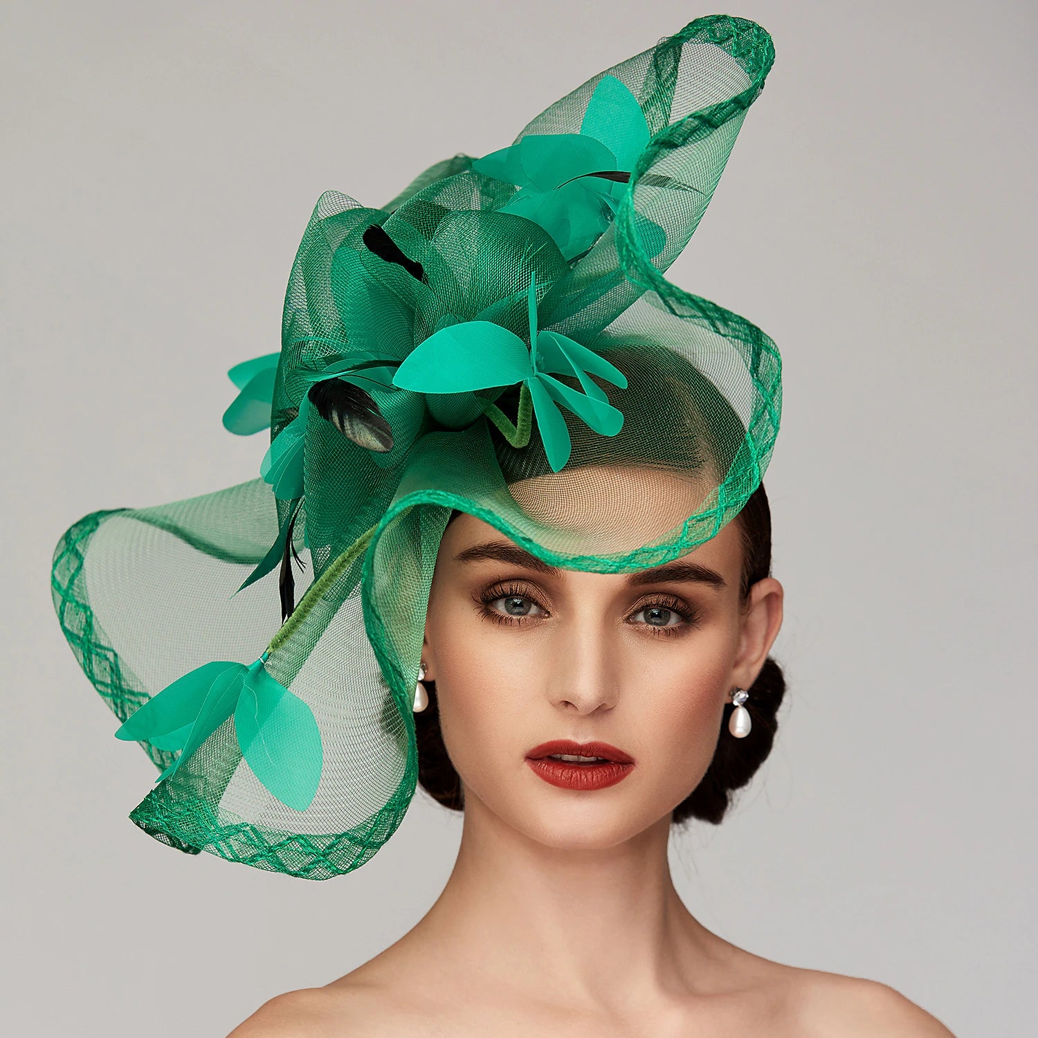 Wholesale Flowers Feather Net Kentucky Derby Hat Fascinators Headpiece with Feather Floral 1PC Horse Race Ladies Day Melbourne Cup Headpiece