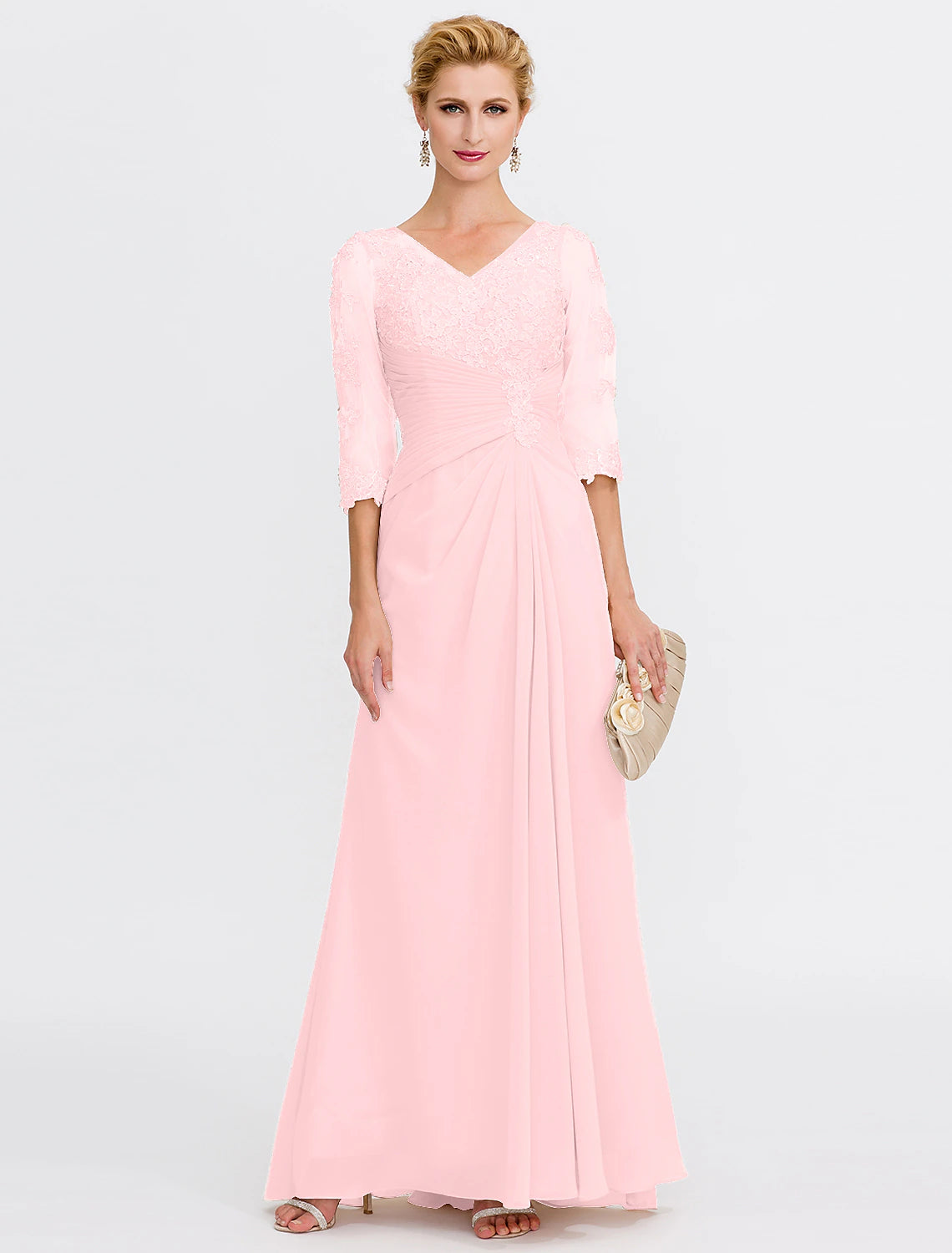 Wholesale  A-Line Mother of the Bride Dress Fall Wedding Guest Dresses Plus Size Elegant See Through V Neck Floor Length Chiffon Half Sleeve with Appliques Side Draping