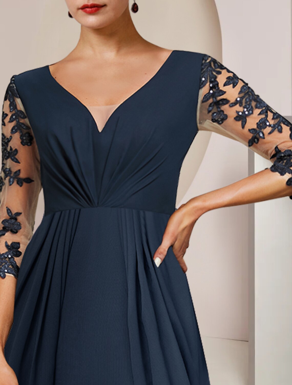 Wholesale  A-Line Mother of the Bride Dress Wedding Guest Elegant High Low V Neck Ankle Length Chiffon Lace 3/4 Length Sleeve with Sequin Appliques