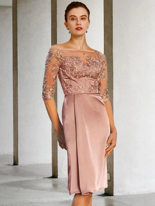 Wholesale Sheath / Column Mother of the Bride Dress Vintage Elegant Jewel Neck Knee Length Lace Charmeuse Half Sleeve with Appliques Side-Draped