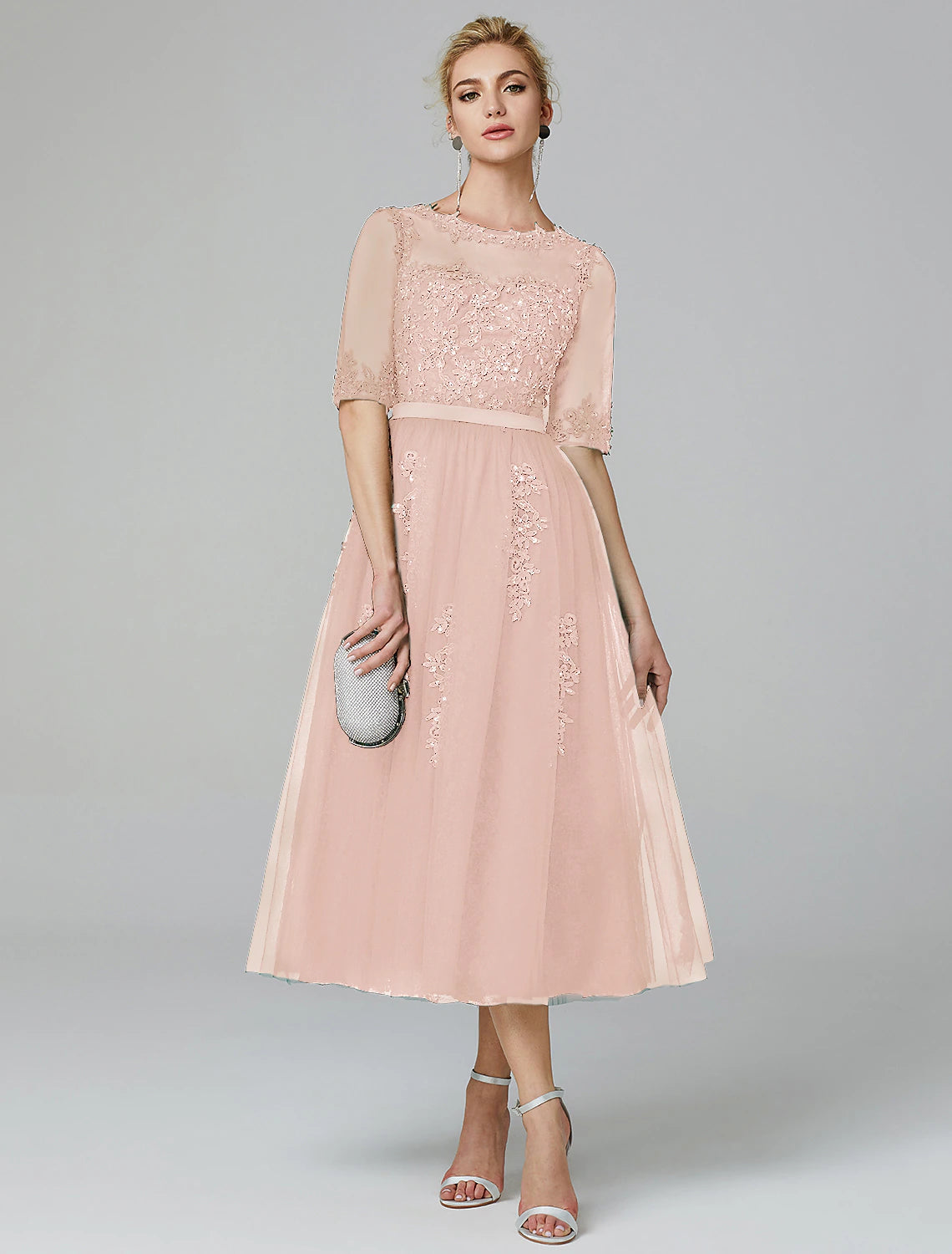 Wholesale A-Line Sparkle Dress Formal Evening Kentucky Derby Tea Length Sleeveless Illusion Neck Fall Wedding Guest Lace Over Tulle with Sequin Appliques