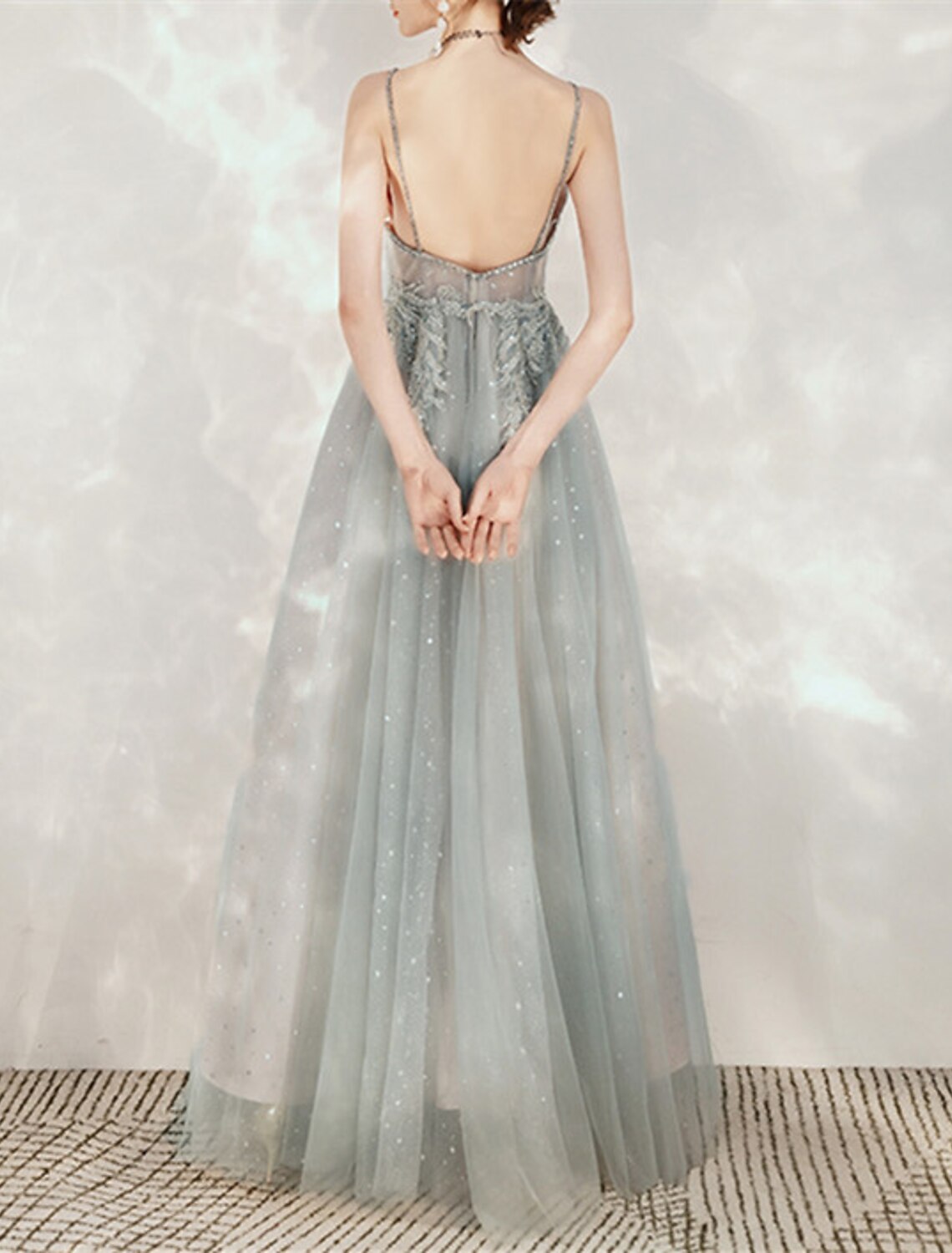 Wholesale A-Line Party Dresses Glittering Dress Prom Wedding Party Floor Length Sleeveless Spaghetti Strap Tulle Backless with Glitter