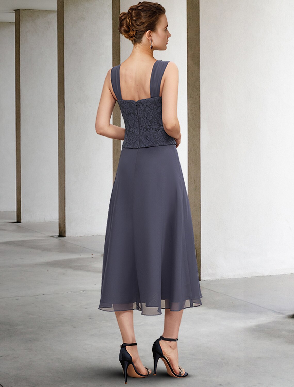 Wholesale  A-Line 3 Piece Mother of the Bride Dress Plus Size Elegant Square Neck Tea Length Chiffon Lace Sleeveless Wrap Included Jacket Dresses with Crystals Ruffles