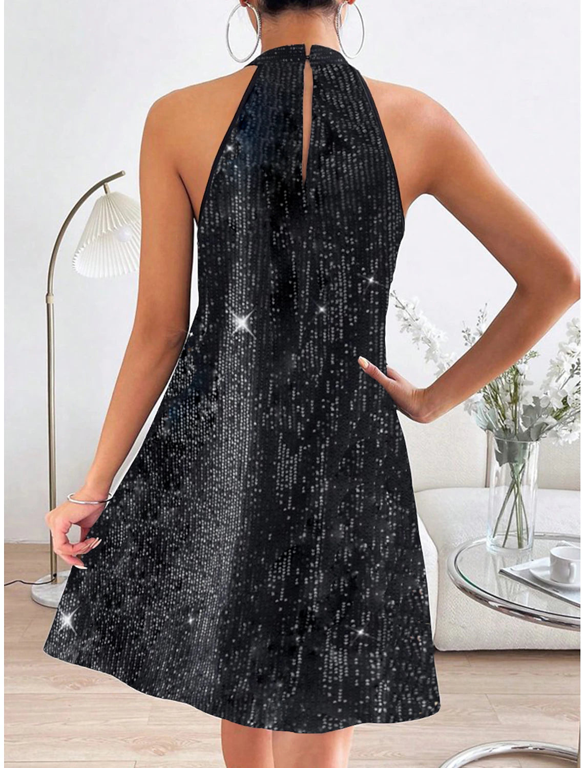 Wholesale Women‘s Little Black Party Dress Plain Sequin Halter Neck Sleeveless Dress Mini Dress Black Fuchsia Summer Spring Fall Wedding Guest Evening Party Summer Dress