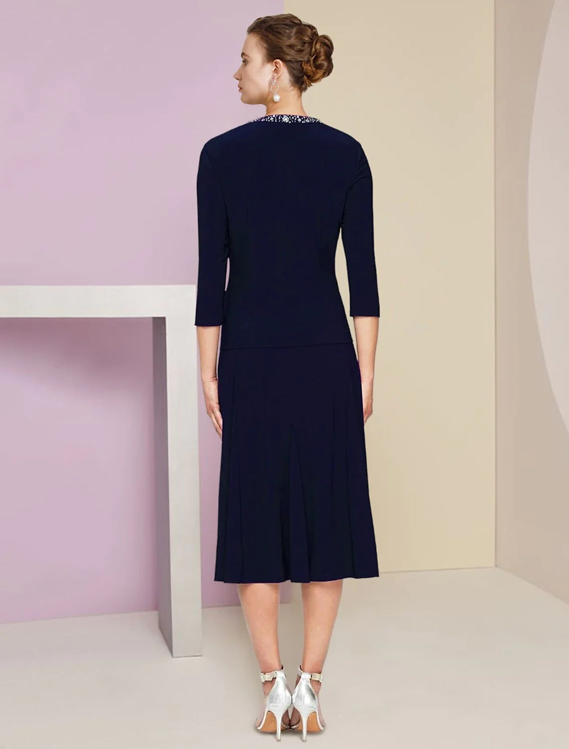 Wholesale A-Line Mother of the Bride Dress Wedding Guest Elegant Petite Jewel Neck Knee Length Stretch Fabric 3/4 Length Sleeve with Pleats Crystals