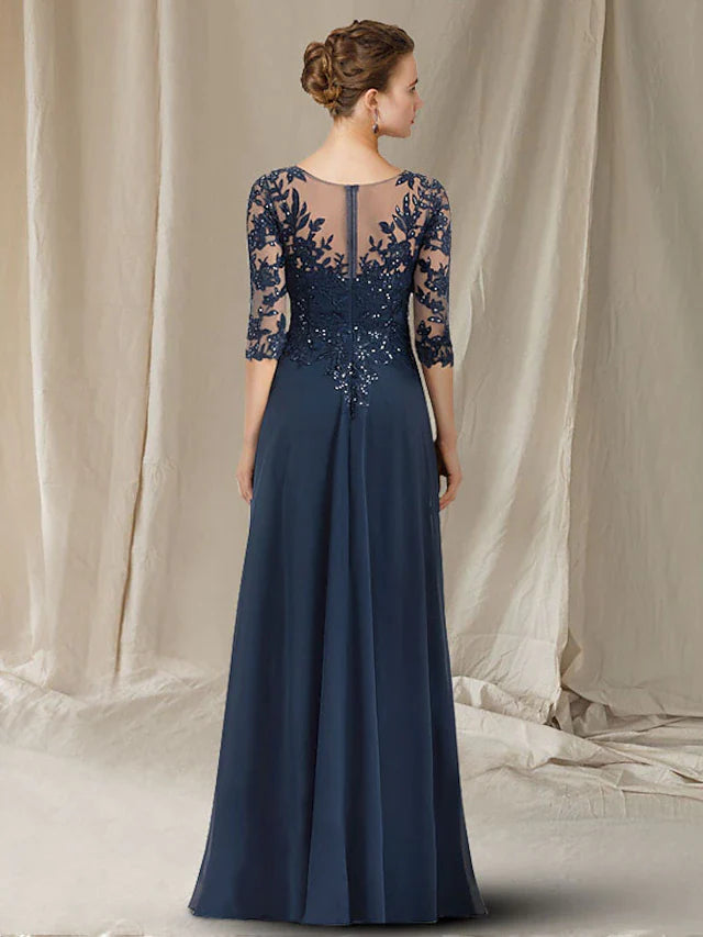 Wholesale A-Line Mother of the Bride Dress Elegant V Neck Floor Length Chiffon Lace Sequined Half Sleeve with Sequin Appliques