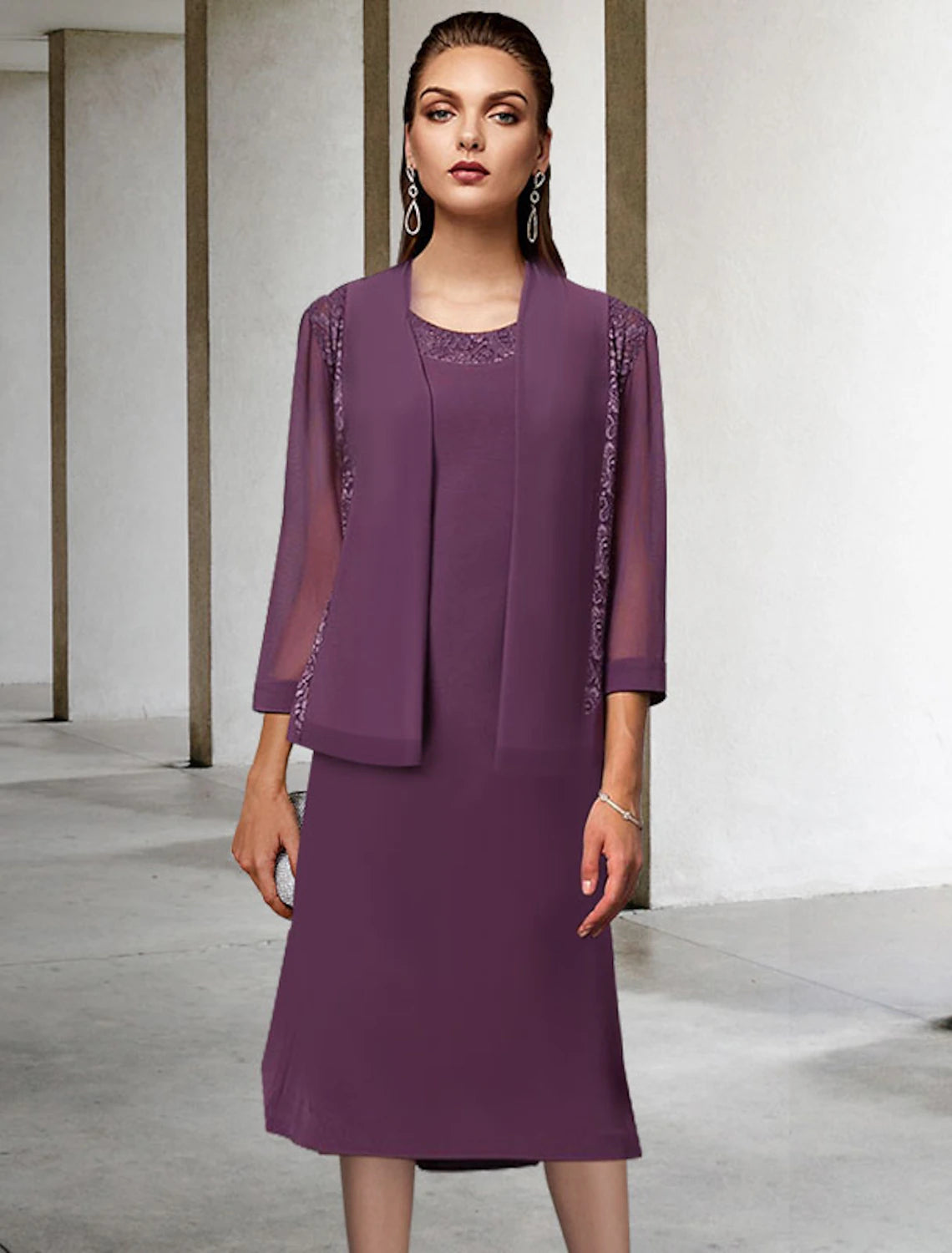 Wholesale  Two Piece A-Line Mother of the Bride Dress Elegant Jewel Neck Tea Length Chiffon Lace Sleeveless Wrap Included with Solid