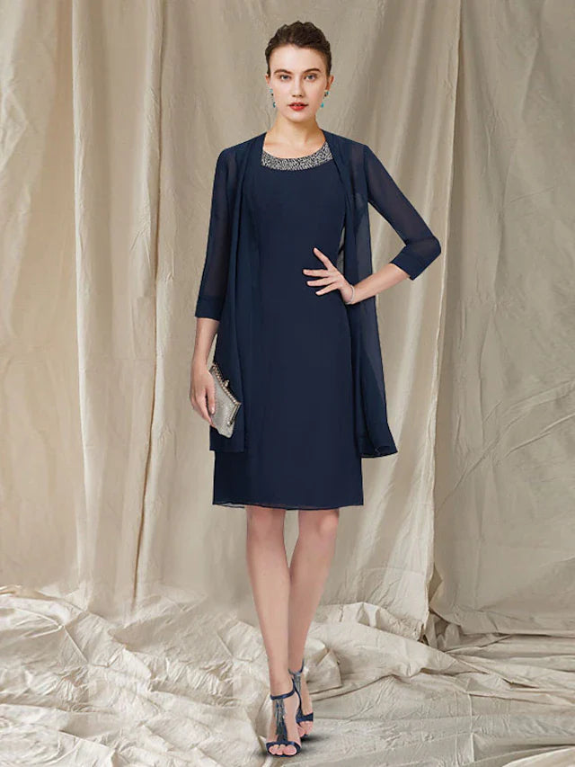 Wholesale Two Piece Sheath / Column Mother of the Bride Dress Elegant Jewel Neck Knee Length Chiffon Sleeveless Jacket Dresses with Beading Sequin