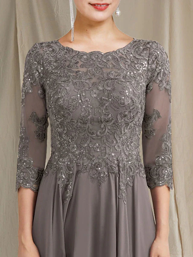 Wholesale Sheath / Column Mother of the Bride Dress Plus Size Elegant Jewel Neck Floor Length Chiffon Lace 3/4 Length Sleeve with Pleats Appliques