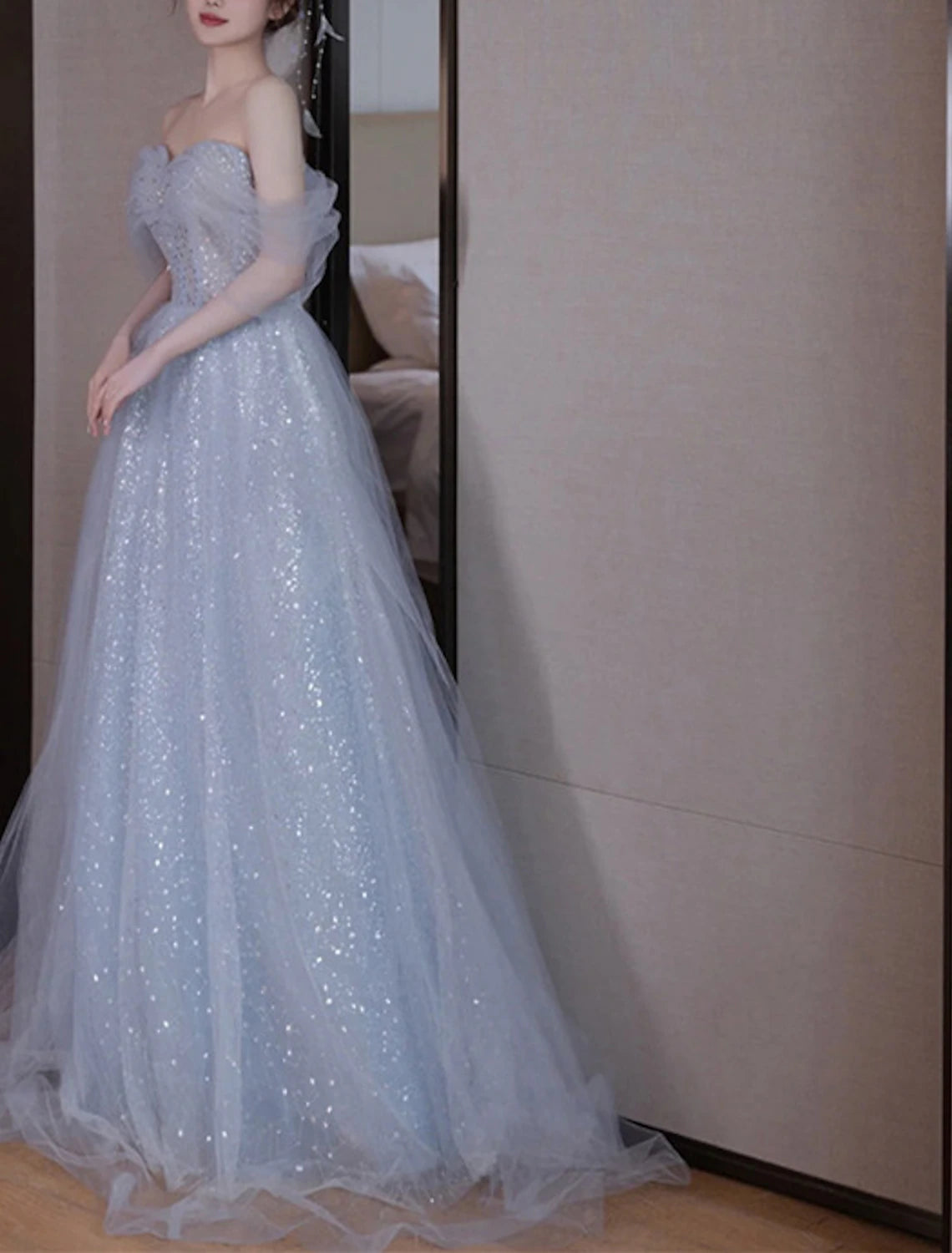 Wholesale A-Line Party Dresses Sparkle & Shine Dress Wedding Guest Prom Floor Length Sleeveless Off Shoulder Sequined with Sequin