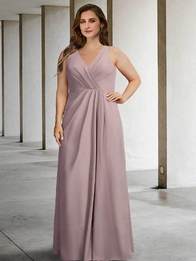 Wholesale Two Piece A-Line Plus Size Curve Mother of the Bride Dresses Elegant Dress Formal Floor Length Sleeveless V Neck Chiffon with Pleats Ruffles