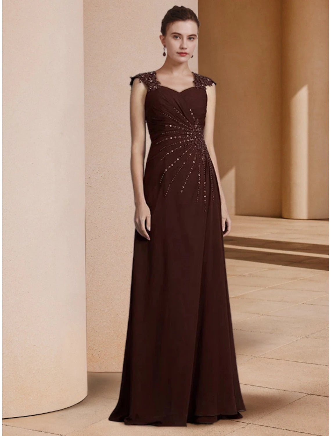 Wholesale Sheath / Column Mother of the Bride Dress Wedding Guest Elegant Scoop Neck Floor Length Stretch Chiffon Long Sleeve with Sequin Ruching
