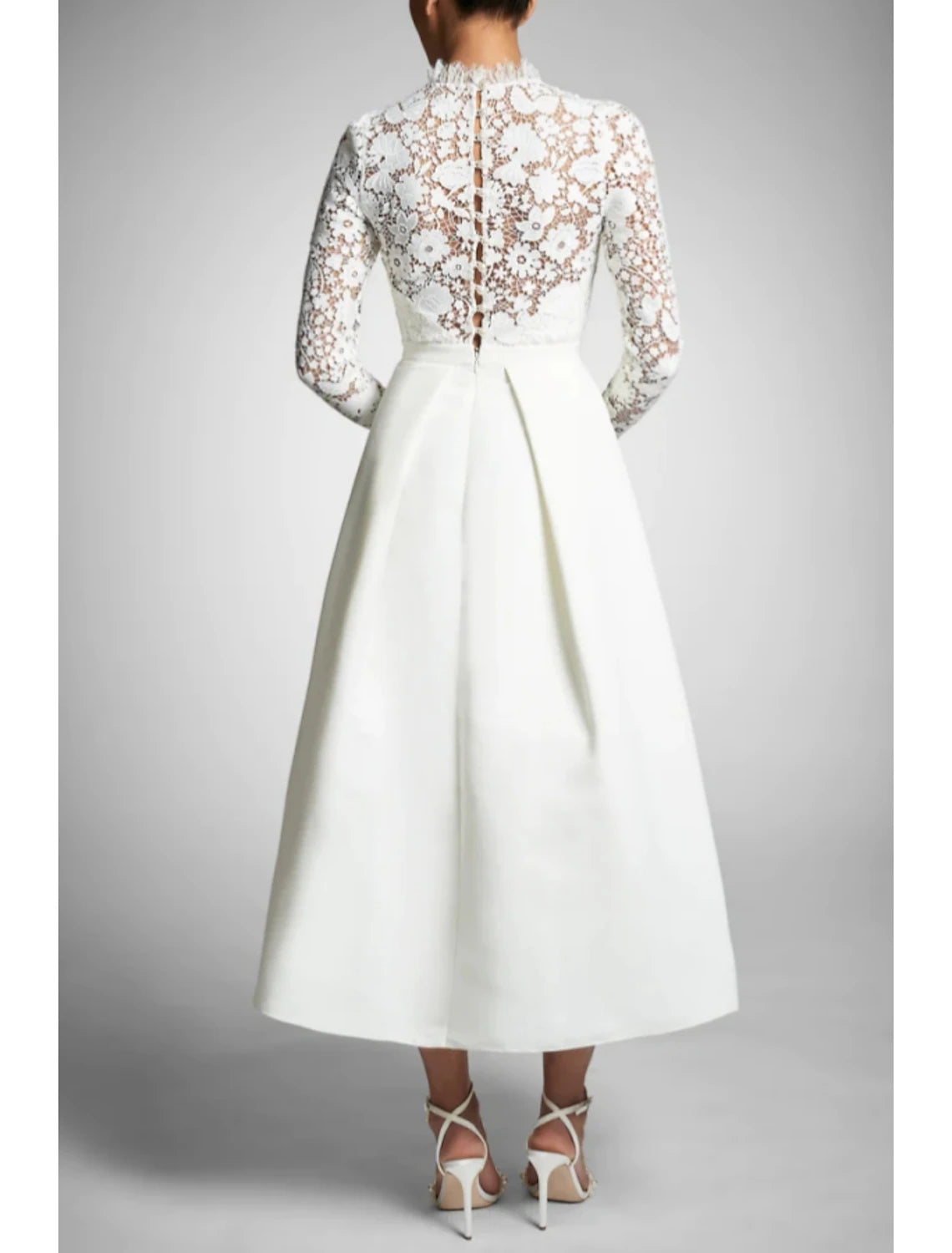 Wholesale Lace A-Line Cocktail White Black Dresses Sexy Dress Party Wear Fall Tea Length Long Sleeve High Neck Stretch Fabric with Pleats