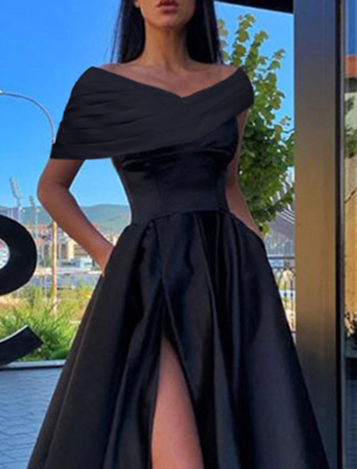 Wholesale Black A-Line Prom Dresses Little Black Dress Dress Formal Wedding Party Floor Length Short Sleeve Off Shoulder Satin with Ruched Slit