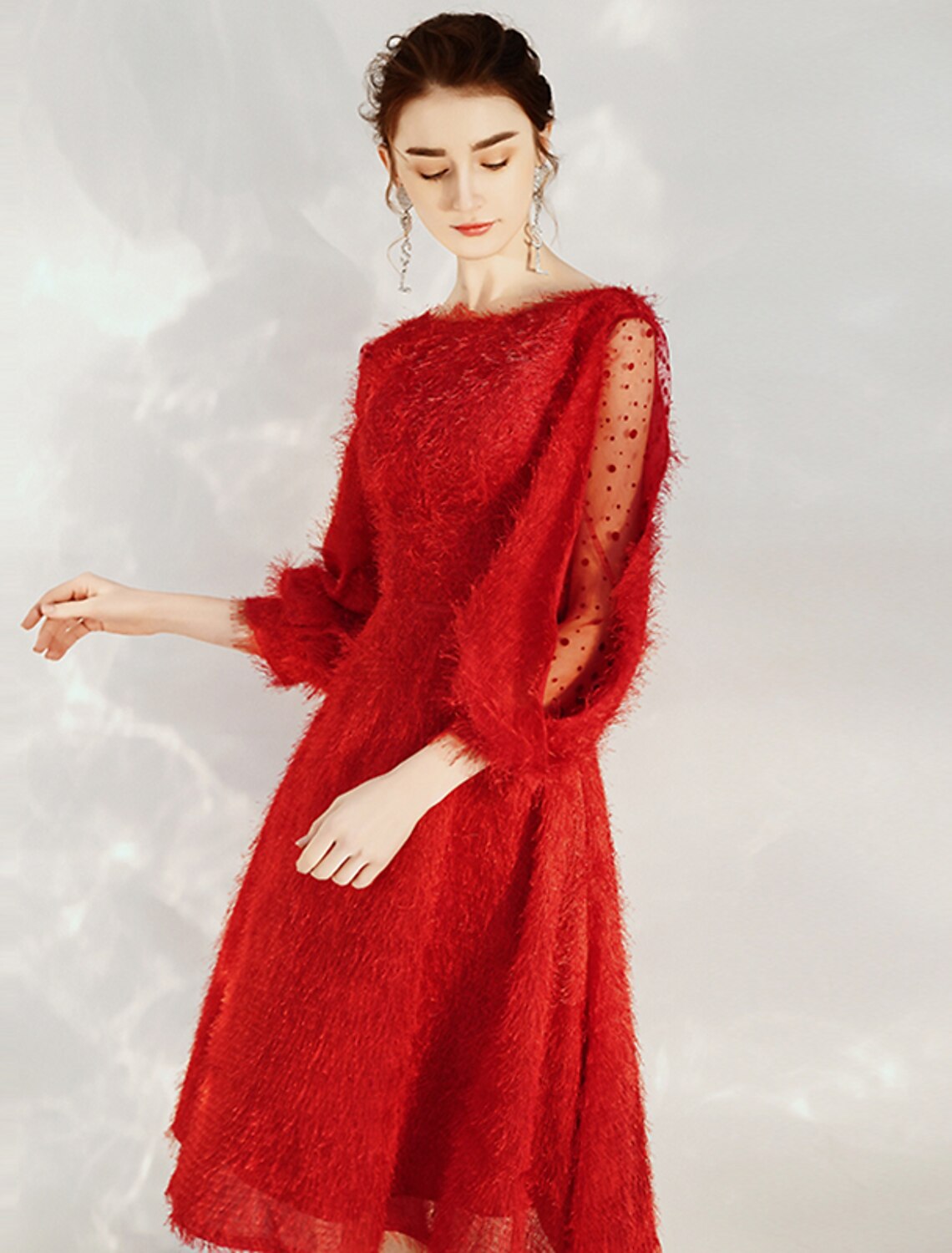 Wholesale A-Line Cocktail Dresses Princess Dress Cocktail Party Valentine's Day Tea Length 3/4 Length Sleeve Jewel Neck Nylon with Sash / Ribbon