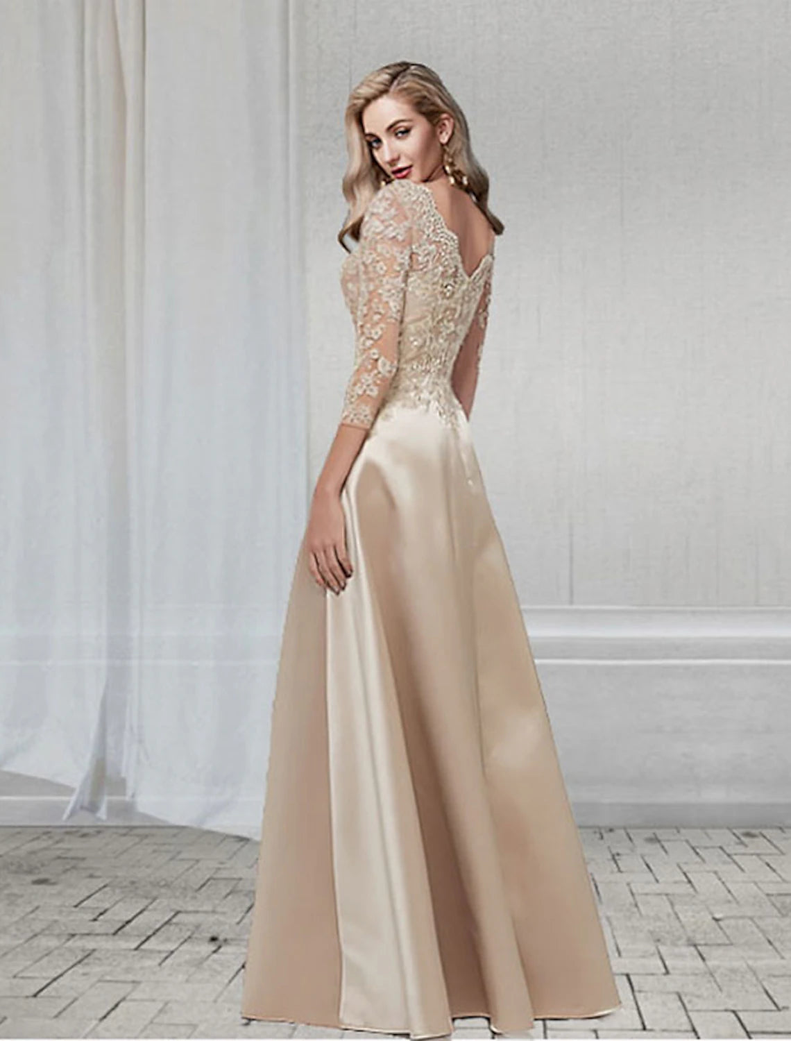 Wholesale A-Line Elegant Wedding Guest Formal Evening Dress V Neck 3/4 Length Sleeve Floor Length Chiffon with Appliques