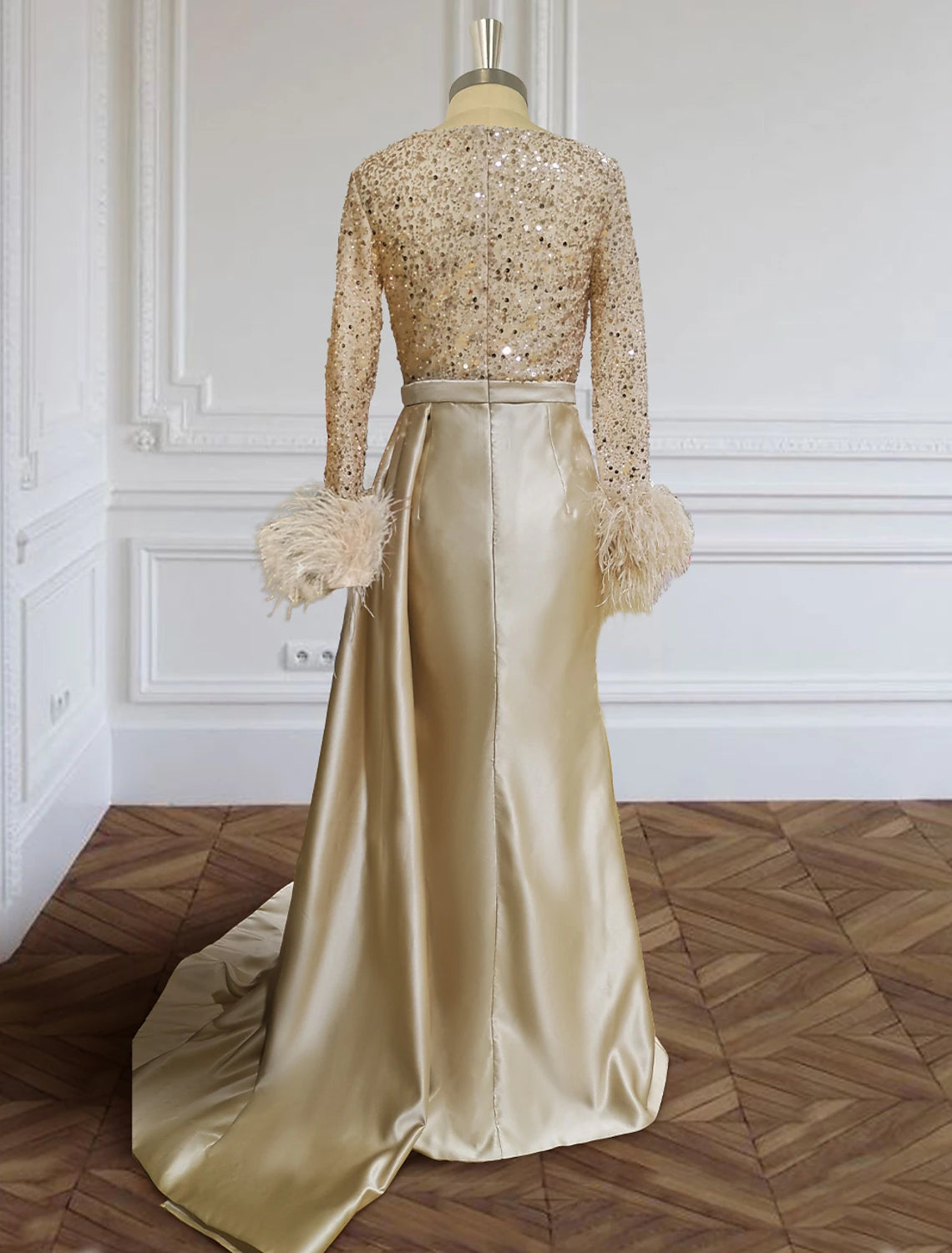 Wholesale Mermaid Plus Size Dress Champagne Satin Evening Gown Sparkle Sequin Dress Walk Through Formal Wedding Court Train Long Sleeve V Neck with Feather Glitter Ruched