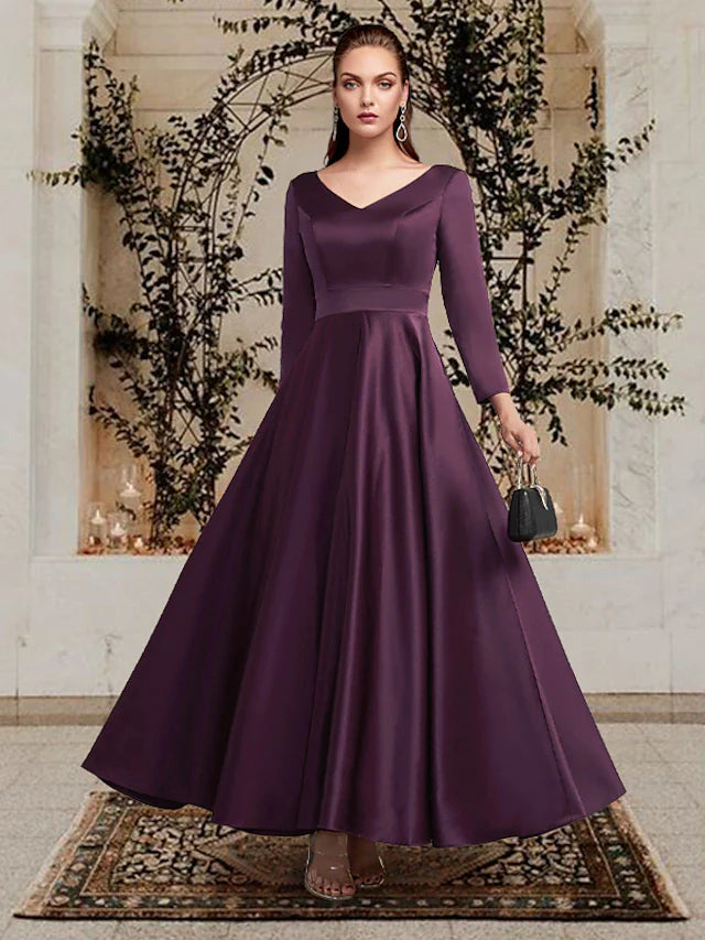 Wholesale A-Line Mother of the Bride Dress Plus Size Elegant V Neck Ankle Length Satin Long Sleeve with Pleats Solid Color