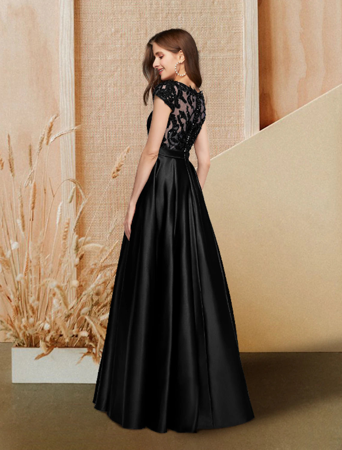 Wholesale A-Line Evening Gown Luxurious Dress Wedding Guest Engagement Floor Length Short Sleeve Jewel Neck Pocket Satin with Beading Lace Insert Pocket