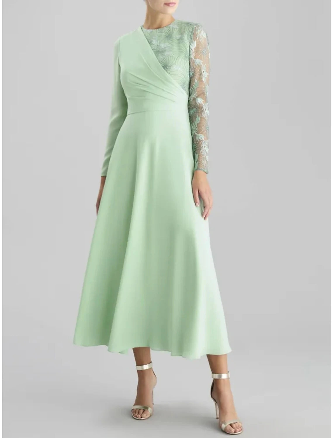 Wholesale A-Line Mother of the Bride Dress Wedding Guest Elegant Party Jewel Neck Tea Length Satin Lace Long Sleeve with Ruching Solid Color