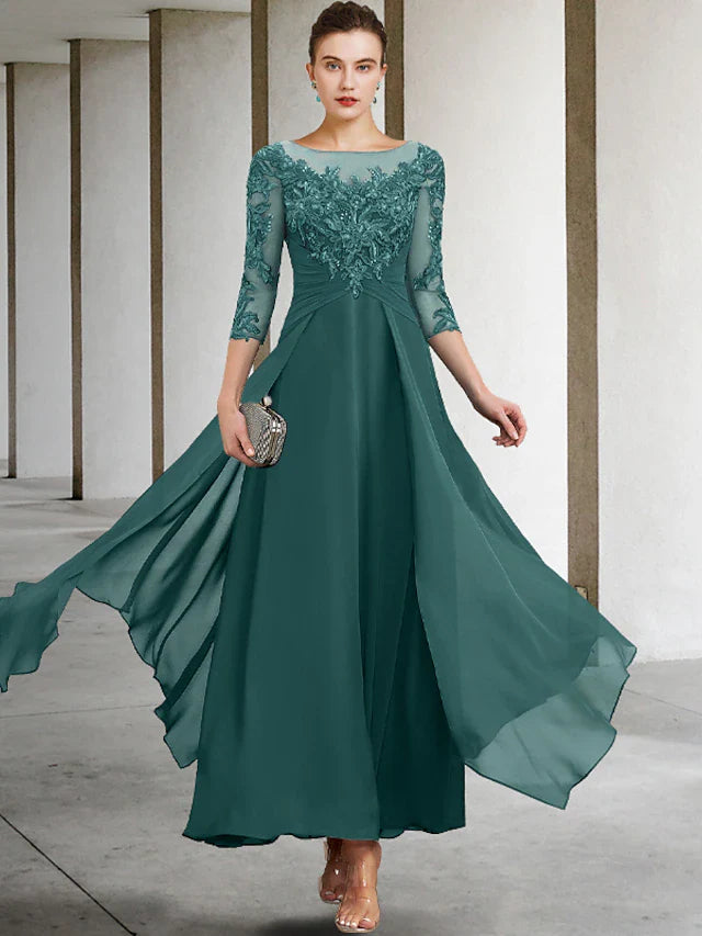 Wholesale A-Line Mother of the Bride Dress Wedding Guest Plus Size Elegant Jewel Neck Ankle Length Chiffon Lace 3/4 Length Sleeve with Ruched Sequin Appliques