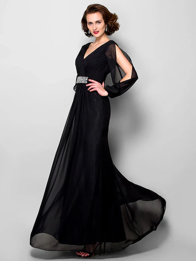 Wholesale A-Line Mother of the Bride Dress Open Back V Neck Floor Length Chiffon Long Sleeve with Criss Cross