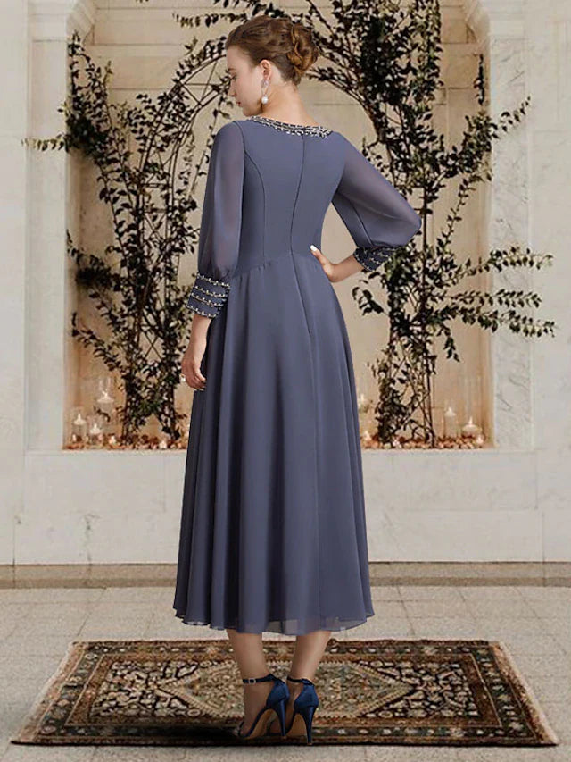 Wholesale A-Line Mother of the Bride Dress Elegant Jewel Neck Tea Length Chiffon Long Sleeve with Beading