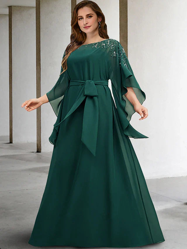 Wholesale A-Line Plus Size Curve Mother of the Bride Dresses Elegant Dress Formal Floor Length Half Sleeve Jewel Neck Chiffon with Beading Strappy