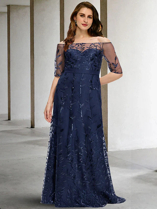 Wholesale A-Line Plus Size Curve Mother of the Bride Dresses Plus Size Dress Formal Floor Length Half Sleeve Off Shoulder Tulle with Sequin Embroidery