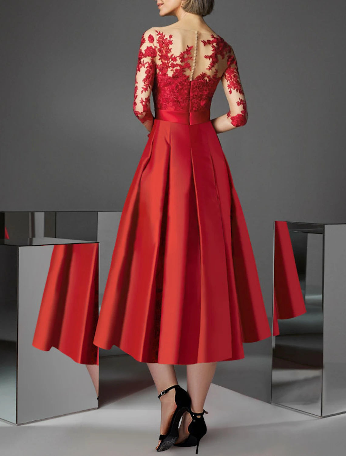Wholesale A-Line Cocktail Party Dress Christmas Red Green Dress Floral Dress Kentucky Derby Tea Length 3/4 Length Sleeve Off Shoulder Fall Wedding Guest Satin with Pleats Appliques