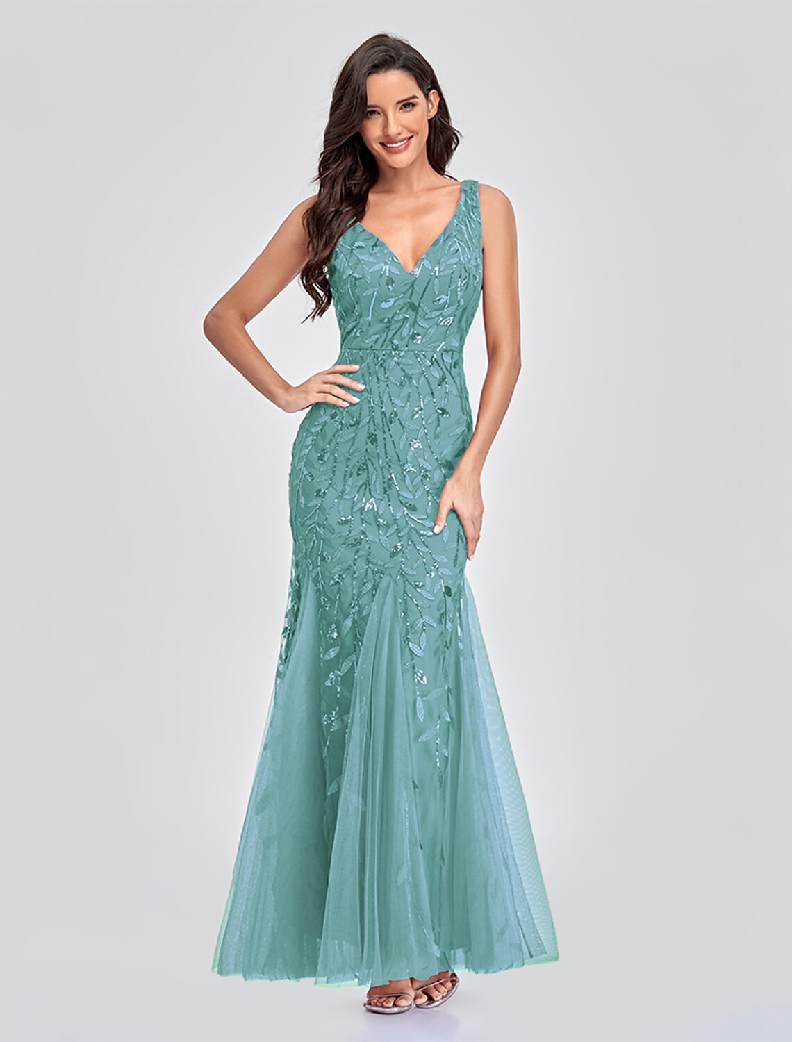 Wholesale Mermaid / Trumpet Evening Gown Empire Dress Party Wear Formal Evening Floor Length Sleeveless V Neck Tulle V Back with Embroidery
