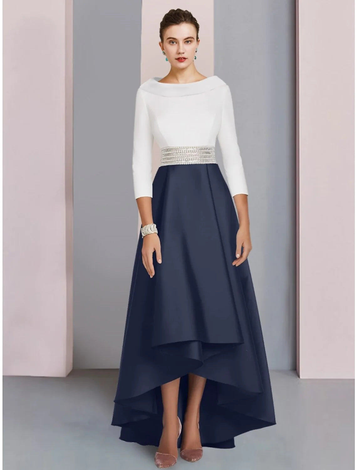 Wholesale A-Line Mother of the Bride Dress Wedding Guest Elegant Scoop Neck Asymmetrical Floor Length Satin 3/4 Length Sleeve with Sequin Ruching