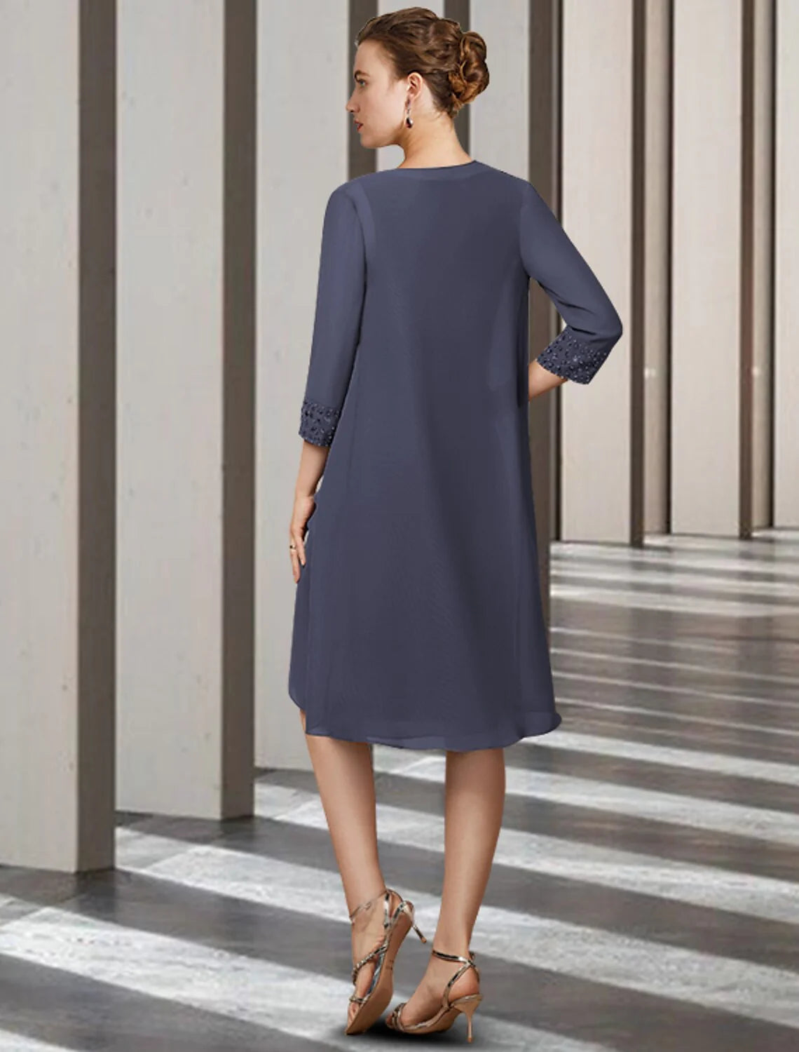 Wholesale Two Piece Sheath / Column Mother of the Bride Dress Elegant Jewel Neck Knee Length Chiffon Sleeveless with Beading