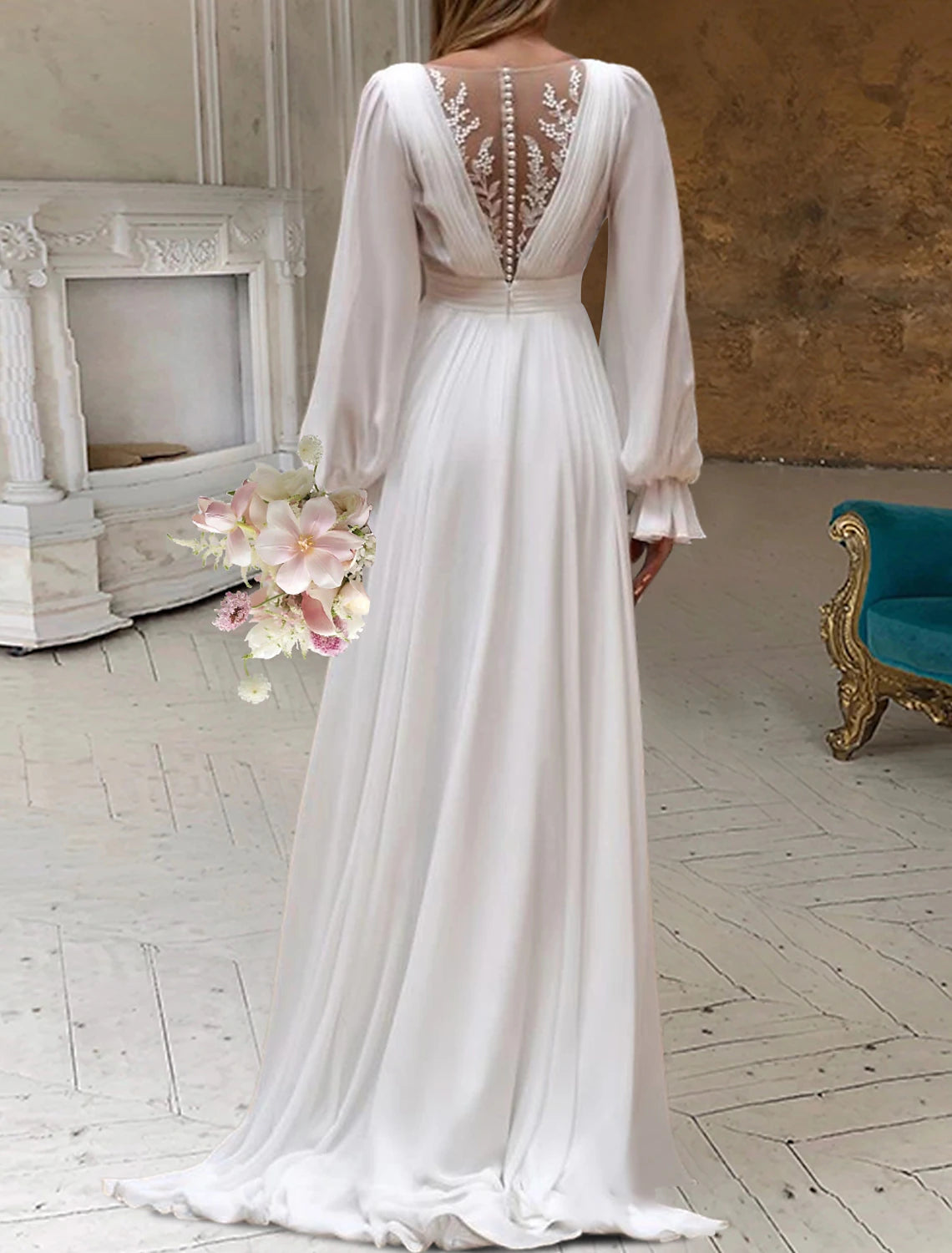 Wholesale Bridal Shower Little White Dresses Wedding Dresses A-Line Scoop Neck Long Sleeve Sweep / Brush Train Chiffon Bridal Gowns With Pleats Appliques