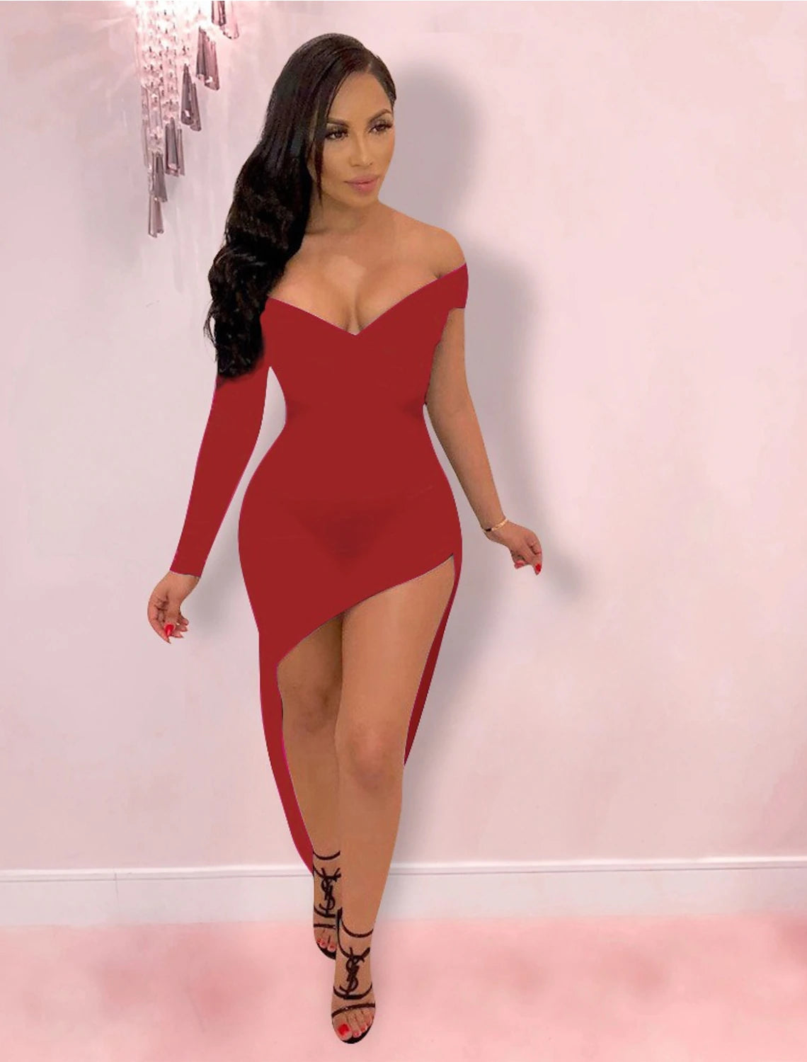 Wholesale Hot Sexy Holiday Party Wear Club Dress High Slit V Neck off Shoulder Long Sleeve Bodycon Asymmetrical Spandex with Sleek