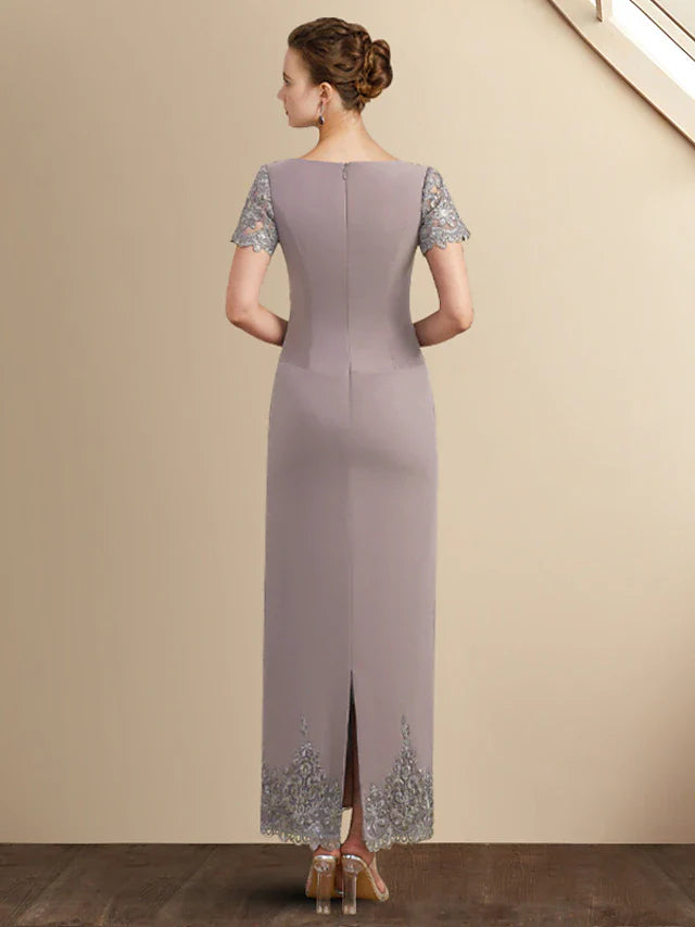 Wholesale Sheath / Column Mother of the Bride Dress Elegant Jewel Neck Ankle Length Chiffon Lace Short Sleeve with Appliques