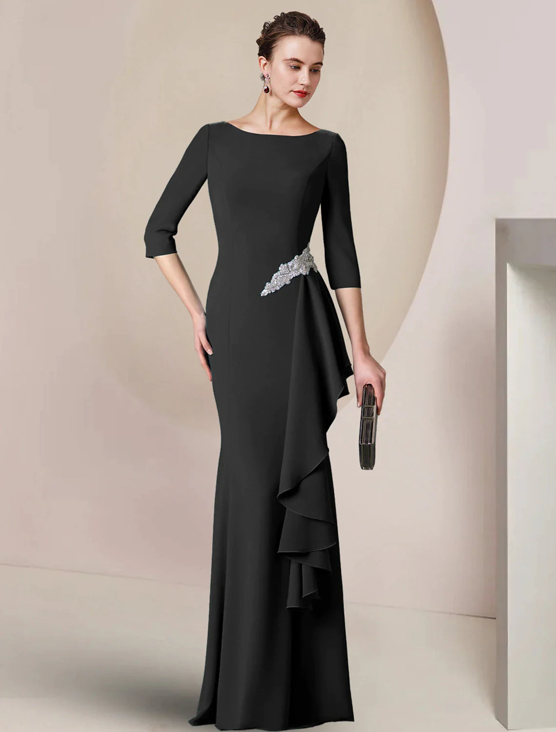 Wholesale Sheath / Column Mother of the Bride Dress Wedding Guest Party Elegant Scoop Neck Floor Length Stretch Fabric 3/4 Length Sleeve with Crystal Brooch Ruching