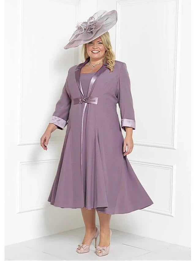 Wholesale Two Piece Sheath / Column Mother of the Bride Dress Church Plus Size Wrap Included Square Neck Tea Length Charmeuse 3/4 Length Sleeve with Sash / Ribbon Ruching