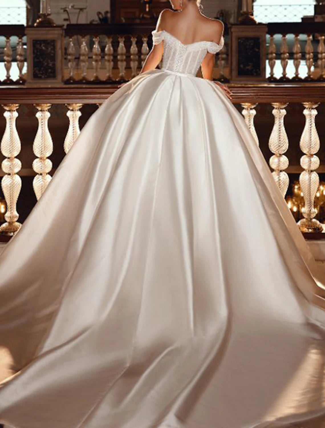 Wholesale Engagement Formal Glitter & Sparkle Wedding Dresses Ball Gown Off Shoulder Cap Sleeve Chapel Train Satin Bridal Gowns With Solid Color